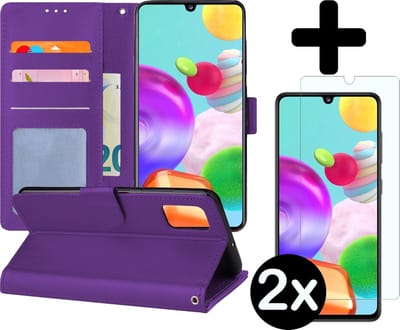 Hoesje - Met 2x Screenprotector - Geschikt voor Samsung Galaxy A41 - Luxe Pasjeshouder - Flip Case - Bookcase Portemonee - Kunstleer Book Case - Flipcase Hoes - Book Cover - Walletcase - Portemonneehoes - Telefoonhoes - Paars