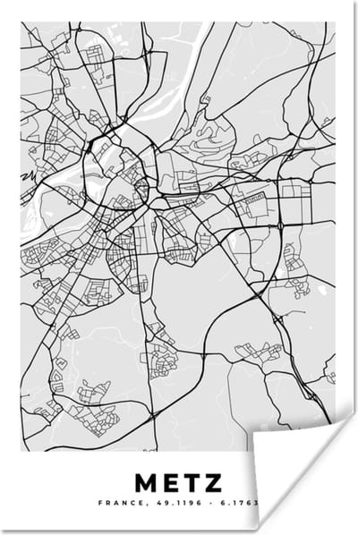 Poster Plattegrond - Metz - Stadskaart - Kaart - Frankrijk - 120x180 cm XXL