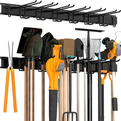 Unyqoos ® Verstelbaar Gereedschapsrek voor Muurmontage met 8 Haken en 3 Schienen voor Garage en Tuin