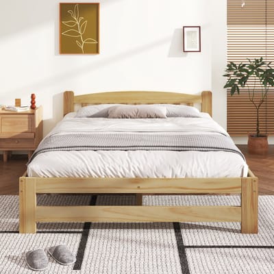 COVREO Bed 205x146x55 cm - naturel hout, lattenbodem, hoofdbord, geschikt voor matras 140x200 cm