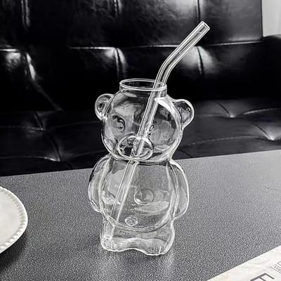 320ML Creatieve schattige beer koffiemok met rietje Transparante beker Biermelk Koffie Waterbekers Groothandel Glazen drinkgerei Mokset 320ml