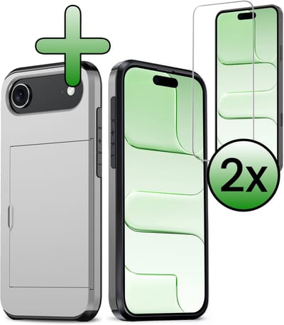 Hoes Geschikt voor iPhone Air Hoesje Hard Case Met Pas Houder Met 2x Screenprotector - Hoesje Geschikt voor iPhone Air Hoes Shockproof Hard Cover Met Kaarthouder - Grijs