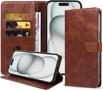 Geschikt voor iPhone 15 Telefoonhoesje Kunstleer met Magnetisch lipje en Pasjeshouder Book Case met Klepje - Donkerbuin - Smartphonica geschikt voor iPhone 15