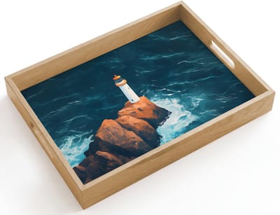 Dienblad hout 40x30 cm - Schootdienblad - Vuurtoren - Rots - Zee - Golven - Borrelplank rechthoek - Plateau dienbladen