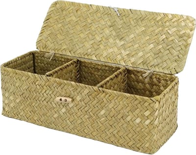 Opbergmand met deksel van zeegras, 32,5 x 12 x 11 cm, rechthoekige mand met 3 compartimenten voor slaapkamer en badkamer, stijlvolle opberglossing