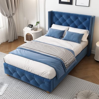 Wishdor Gestoffeerd Eenpersoonsbed 90x200 cm - Gecapitonneerd met Siernagels en Houten Poten - Blauw Fluweel - Inclusief Lattenbodem