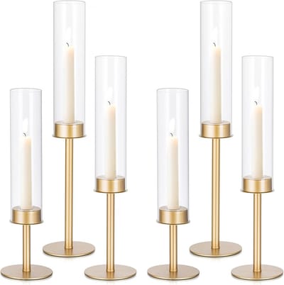 Set van 6 Hoge Gouden Kandelaars met Glazen Windlicht voor Tafels - Decoratie voor Bruiloft en Kerst