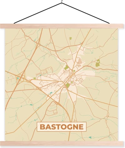 Posterhanger incl. Poster 40x40 cm - Schoolplaat - Stadskaart - Kaart - Vintage - Plattegrond - Bastogne - Textielposter - Blanke latten - Stadskaart