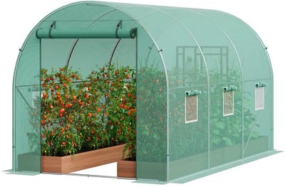 Wandelbare Tunnelkas met Stalen Frame 292×196×190 cm – Grote Inloop Tuinkas met PE Afdekking, Oprolbare Ritsdeur en Ventilatieramen - Tuin Kas Groen