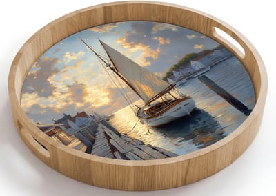 Dienblad rond 40x40 cm - Schootdienblad hout - Zeilboot - Zon - Pier - Hout - Borrelplank rechthoek - Plateau houten dienbladen