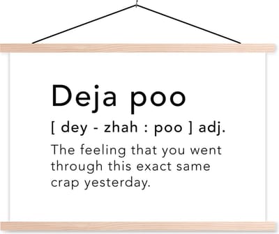 Posterhanger incl. Poster 90x60 cm - Schoolplaat - Spreuken - Quotes - The feeling that you went through this exact same crap yesterday - Deja poo - Textielposter - Blanke latten