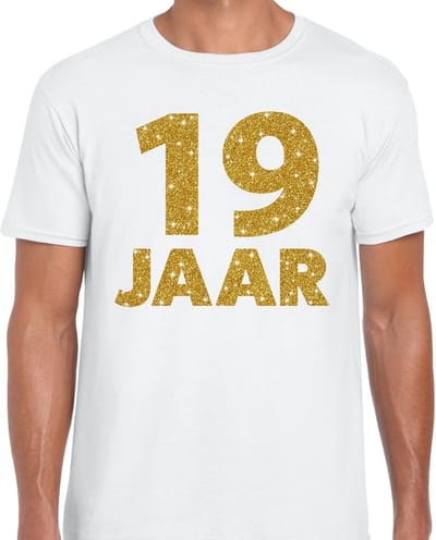 19 jaar goud glitter verjaardag t-shirt wit heren - verjaardag shirts S