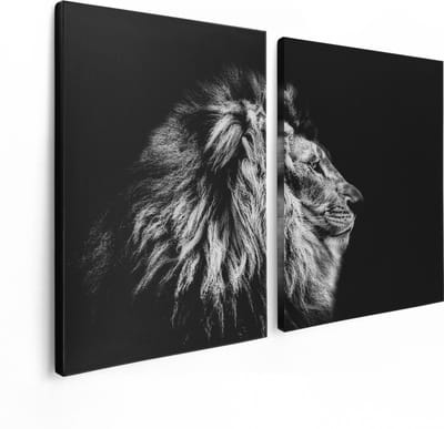 Artaza Canvas Schilderij Tweeluik Leeuw - Leeuwenkop - Zwart Wit - 120x80 - Foto Op Canvas - Canvas Print