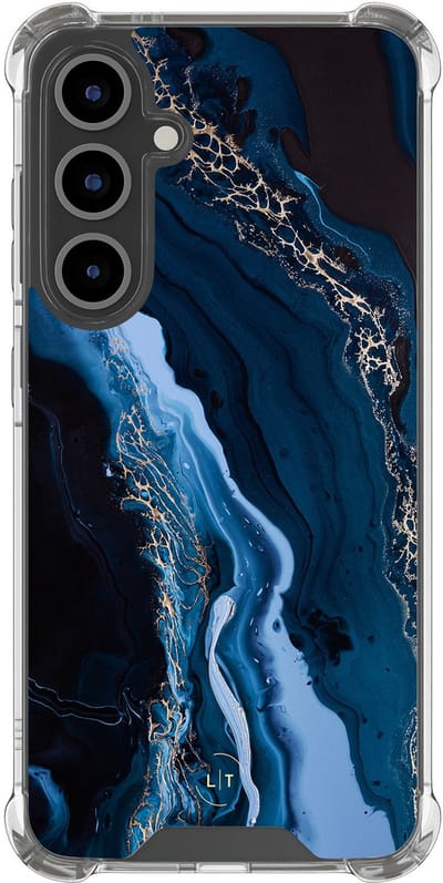 Shockproof hoesje - Geschikt voor Samsung Galaxy S24 FE - Marmer lagoon blauw - Extra sterke case - TPU/polycarbonaat - Marmer - Blauw, Transparant