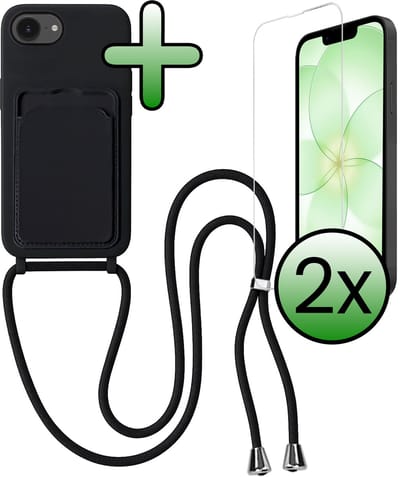 Hoes Geschikt voor iPhone 17e Hoesje Met Koord Met 2x Screenprotector - Telefoonhoesje Geschikt voor iPhone 17e Backcover Met Afneembaar Koord - Zwart