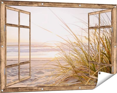 Gards Tuinposter Doorkijk Strand en Duinen tijdens Zonsondergang - 120x80 cm - Tuindoek - Tuindecoratie - Wanddecoratie buiten - Tuinschilderij