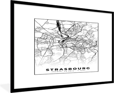 Fotolijst incl. Poster Zwart Wit- Frankrijk - Kaart - Strasbourg - Plattegrond - Stadskaart - Zwart wit - 120x80 cm - Posterlijst