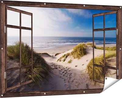 Gards Tuinposter Doorkijk Strand en Duinen - 150x100 cm - Tuindoek - Tuindecoratie - Wanddecoratie buiten - Tuinschilderij