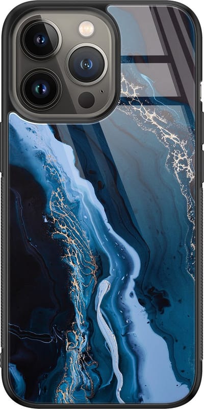 Hoesje geschikt voor iPhone 13 Pro Max - Marmer kobaltblauw - Luxe Glazen Hardcase - Marmer - Blauw - Leuke Telefoonhoesjes