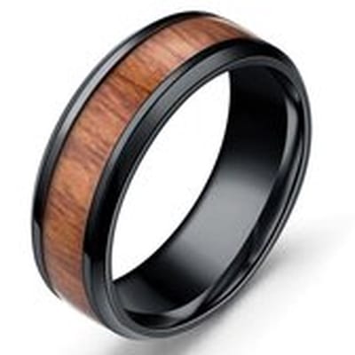 Ring Heren Zwart ingelegd met Hout - Staal - Ringen Mannen Dames - Papa Cadeau Voor Mannen - Vaderdag