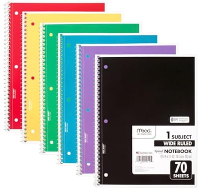 Spiraal notitieboekset met 6 stuks - Breed gelinieerd papier, 7,8 x 10,5 inch, 70 vellen per notitieboek, Kleurvariaties