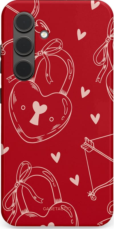 Casetastic Hoesje Geschikt voor Samsung S24 - Stijlvolle Beschermende Duo-layer Case - Hartendief - Liefdes Slotjes - Valentijn - Valentine - Love - Rood Wit