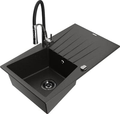 Mexen Cesar granieten spoelbak 1-komorige met afdruiprek en keukenmengkraan Aster, zwart/goud metallic - 6514-75-73450-07-B