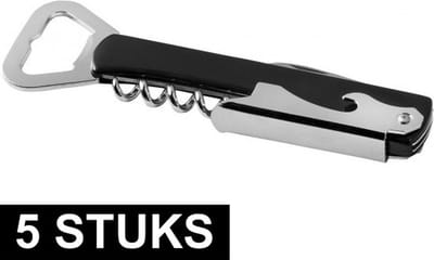 Luxe flesopener/kurkentrekker - 5x - Sommeliersmes - RVS/kunststof - zwart/zilver - wijnflessen opener