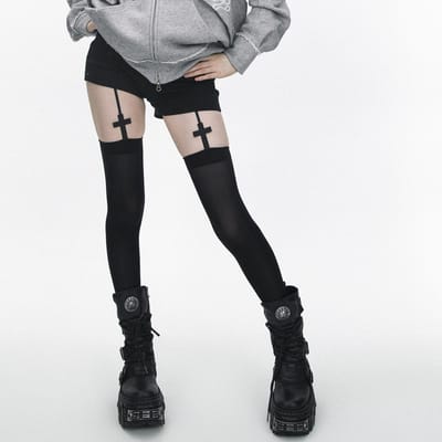 2 Paar Persoonlijkheid Kruis Decoratie Dames Kousen met Jarretels Effen Dunne Dij-Hoge Lolita Anime Cosplay Gothic Over de Knie Kousen One Size black