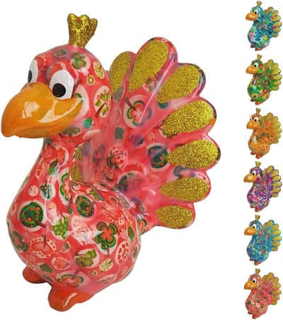 Spaarpot Pauw Keramiek - Muntpot Spaarkas - Kinderkamer Decoratie - Uniek Handbeschilderd Design - 17x135x207 cm - Zazu Blauw