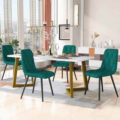 Moderne eettafelset - 5-delig - 1 eettafel met 4 stoelen - gouden tafelpoten en wit tafelblad - groene eetstoelen