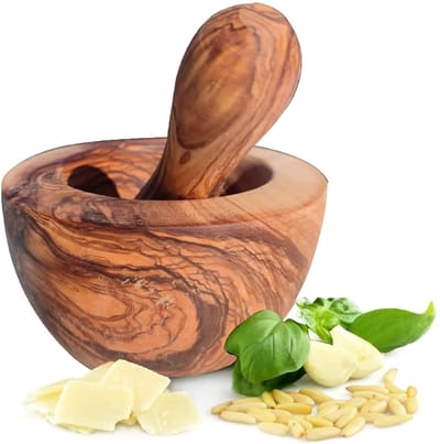 Famanu – Handgemaakte vijzel met stamper van olijfhout, natuurlijke uitstraling, geschikt voor kruiden en specerijen