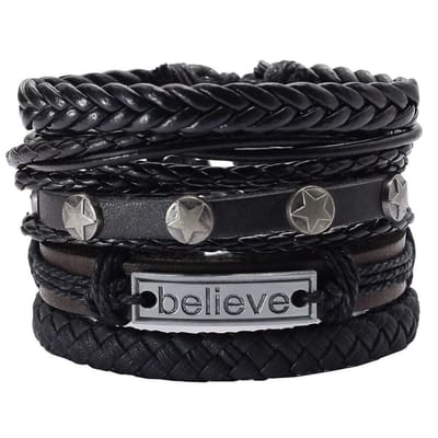 Fako Bijoux® - Armband Leer - Set Believe - 5 Stuks - Zwart/Bruin