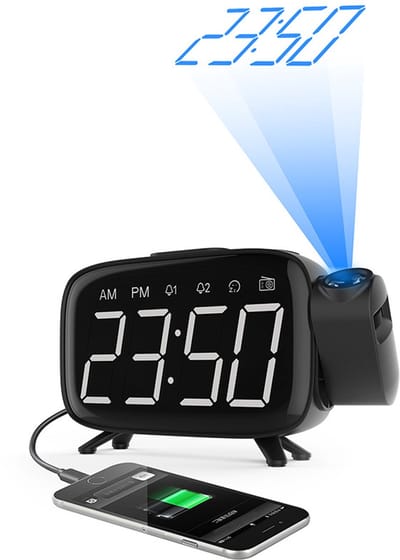 Oneay Projectiewekker met radio – Digitale LED wekker met 180° projector – USB oplaadbaar met snooze functie en 7 alarmgeluiden – 3 helderheidsniveaus en FM radio – Geschikt voor slaapkamer en nachtkastje – Zwart