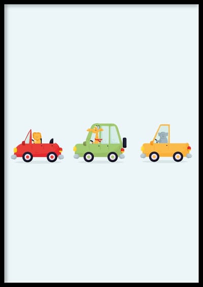 Poster Dieren in auto - Kinderkamer poster - Babykamer poster - Dieren poster - Kinderkamer decoratie - 30x40 cm - Exclusief lijst - WALLLL