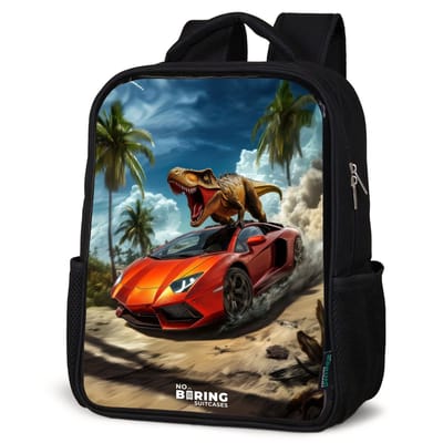NoBoringSuitcases.com® - Rugzak zwart - Schooltas jongen & meisje - Rode sportauto met dino raast door tropisch strand - Rugtas voor school - Boekentas kind - Schoolrugzak - Kinderrugzak