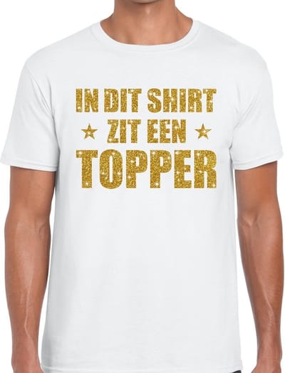 In dit shirt zit een Topper goud glitter tekst t-shirt wit voor heren - heren Toppers shirts S
