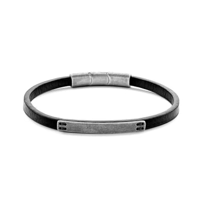 Frank 1967 7FB-0526 Leren Herenarmband - Vintage Staal Elementen - 39 x 5 mm Plaat - Leder - 21 cm - Zwart