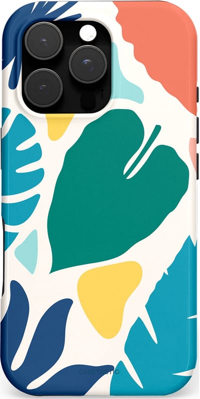 Casetastic hoesje geschikt voor Apple iPhone 16 Pro - MagSafe - Dubbellaagse bescherming - Moderne Kunstbladeren - Fashion Case - Petrol Wit Koraal Lichtgrijs