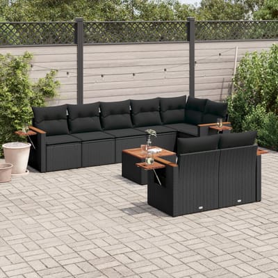 vidaXL - 9-delige - Loungeset - met - kussens - poly - rattan - zwart