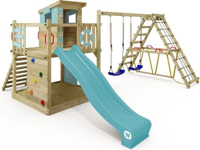 Wickey Smart Surf Speeltoestel - Dubbele schommel met Glijbaan en Klimaanbouw - Speelhuisje & Evenwichtsbalk - 404x457x240 cm - Pastelblauw