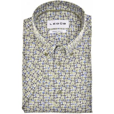 Ledub modern fit overhemd - korte mouw - popeline - blauw met groen en wit dessin - Strijkvriendelijk - Boordmaat: 40 (EU maat: M)