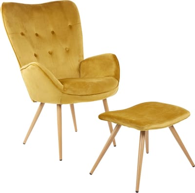 Albatros Wing Chair met Krukje York, Goud - Vintage u Stijlvol, Fluwelen Bekleding - Elegante en SGS Goedgekeurde Leesstoel of Relaxstoel met Krukje in Moderne Look - oorfauteuils met armleuning