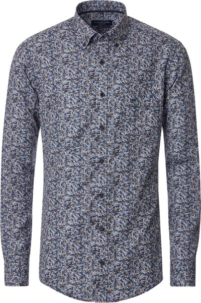 CASA MODA Sport casual fit overhemd - popeline - blauw met beige dessin - Strijkvriendelijk - Boordmaat: 49 - 50