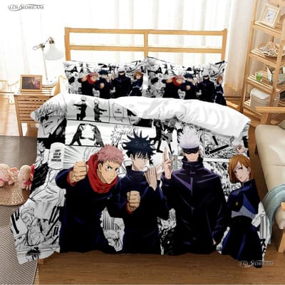 Dessin animé Anime Jujutsu Kaisen Housse de couette Couette Ensemble de literie Housse de couette douce et Taies d'oreiller pour Adolescents Simple/Double/Queen/King EU Twin(135x200cm) gray