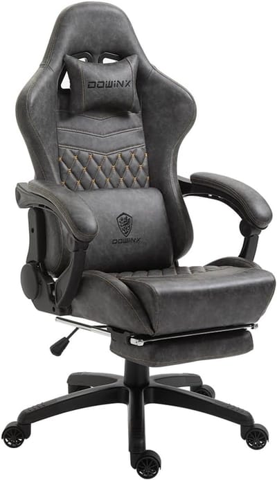 Dowinx Luxe Gamingstoel - Ergonomische Bureaustoel van PU Leer met Boutis-Stiksel, Massage-Lendensteun, Voetsteun, Verstelbare Rugleuning 90°-170°, Tot 200 kg - Grijs