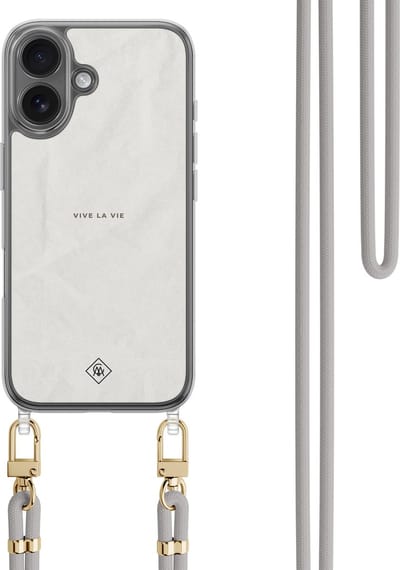 Casimoda® hoesje met koord - Geschikt voor iPhone 16 - Vive La Vie - Afneembaar koord - TPU/polycarbonaat - Grijs