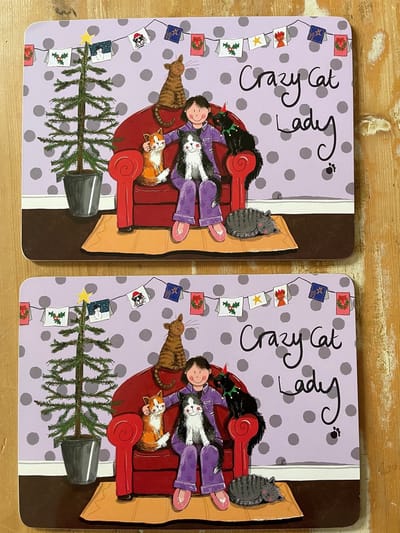 Alex Clark Placemats(MEDIUM FORMAAT) Crazy Cat Lady at Christmas ~Katten Kerst/winter