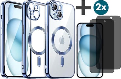 Hoesje met Privacy Screenprotectors 2 Stuks Geschikt voor iphone 15 Plus Hoesje - Geschikt voor MagSafe - Arara siliconen Backcover - Blauw