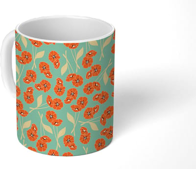 Mok - Koffiemok - Retro - Bloemen - Design - Oranje - Mokken - 350 ML - Beker - Koffiemokken - Theemok